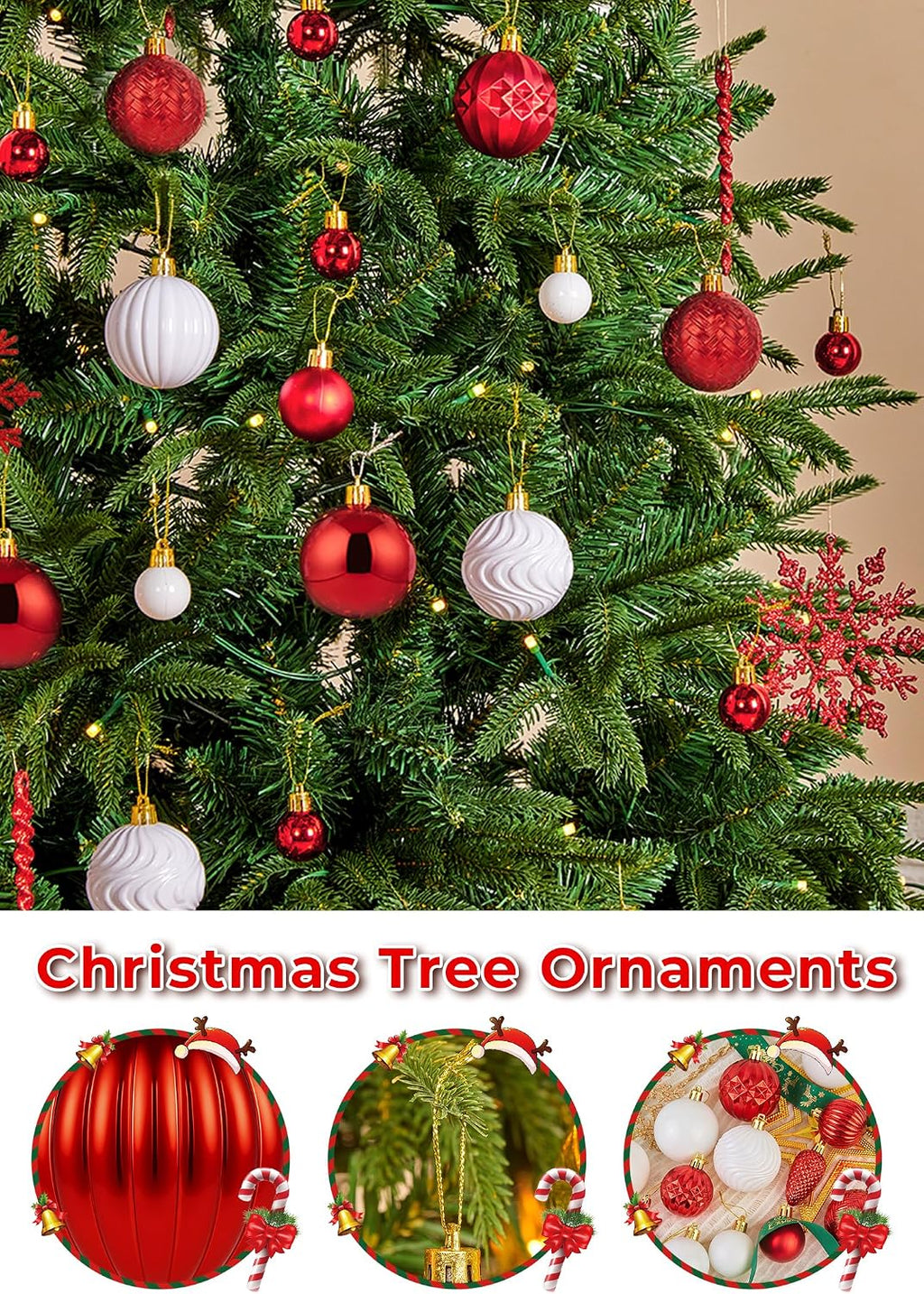 Brightown 100Pcs Christmas Tree Decorations Ornaments Set, Red and White