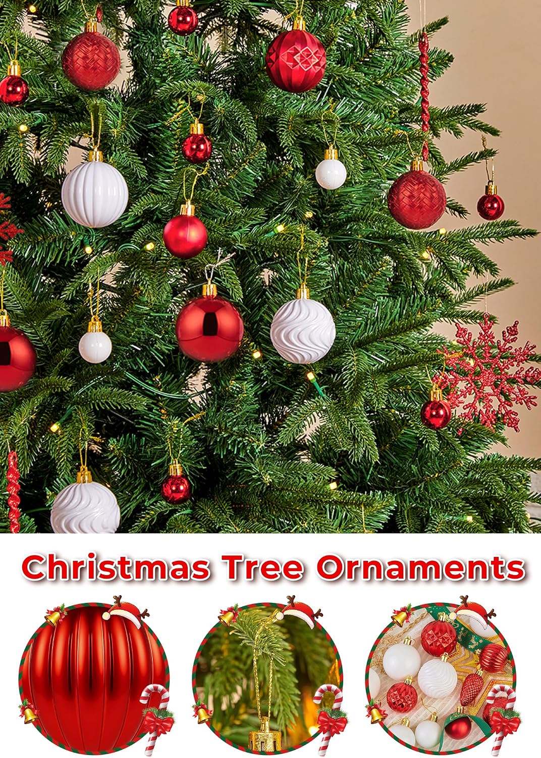 Brightown 100Pcs Christmas Tree Decorations Ornaments Set, Red and White