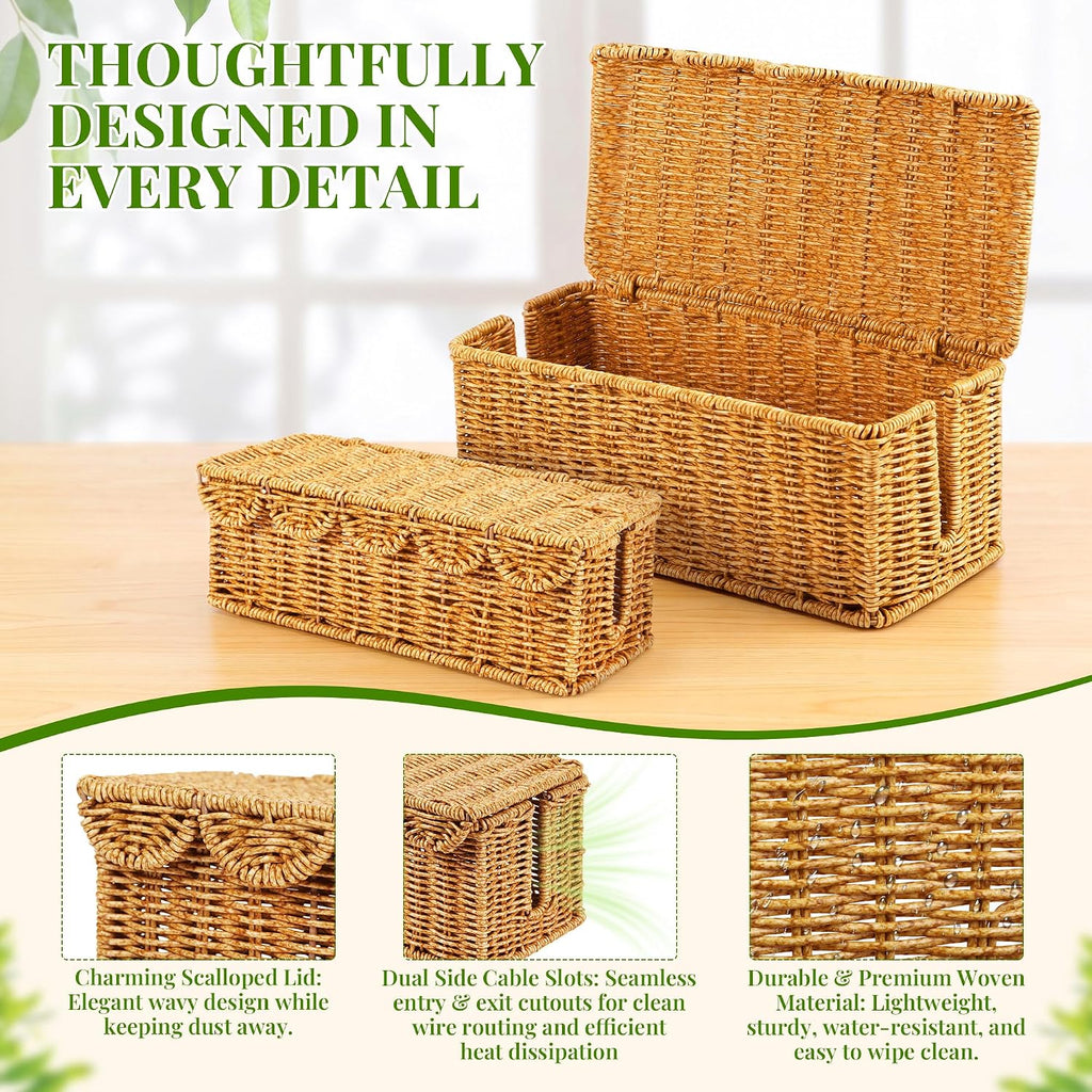 2 PCS Handmade Rattan Cable Management Box,Decorative Cord Hider