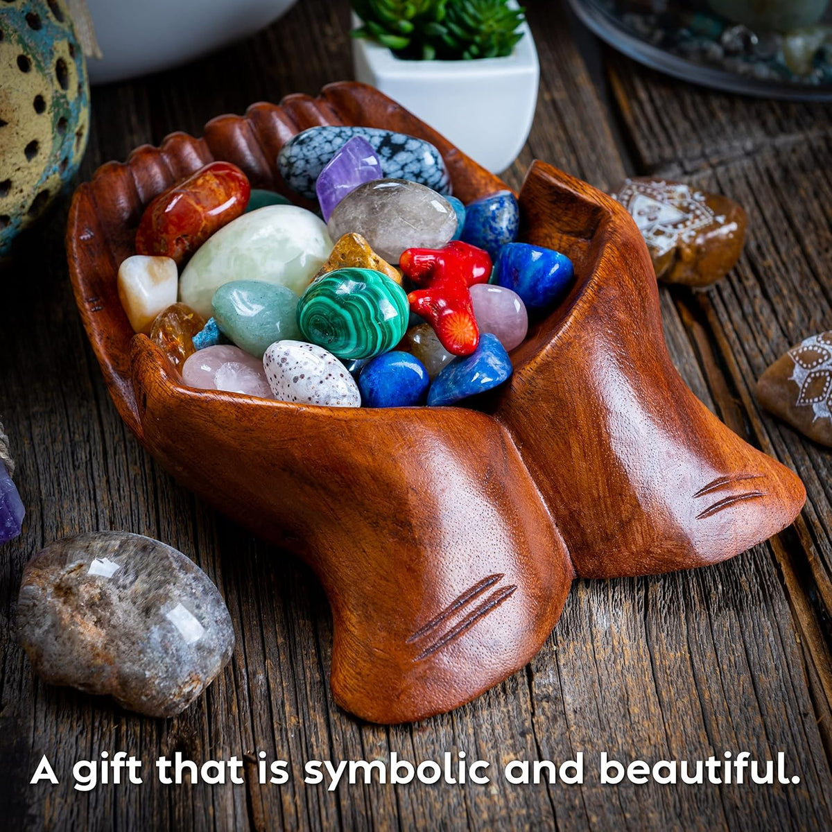 Wooden Hands Bowl, Crystal Display, Rock Display, Brown, Medium