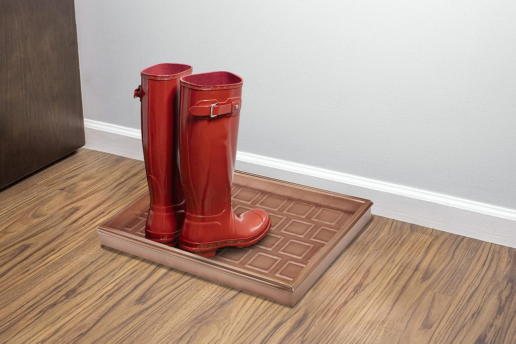 Good Directions 20″ x 14″ Decorative Squares Design Metal Boot Tray – Galvanized Steel with Copper Finish, Multi-Purpose Shoe, Plant & Pet Bowl Tray