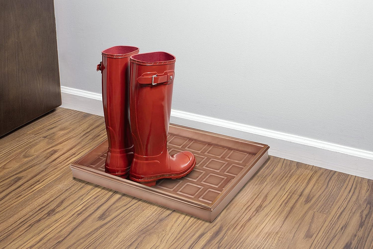 Good Directions 20″ x 14″ Decorative Squares Design Metal Boot Tray – Galvanized Steel with Copper Finish, Multi-Purpose Shoe, Plant & Pet Bowl Tray