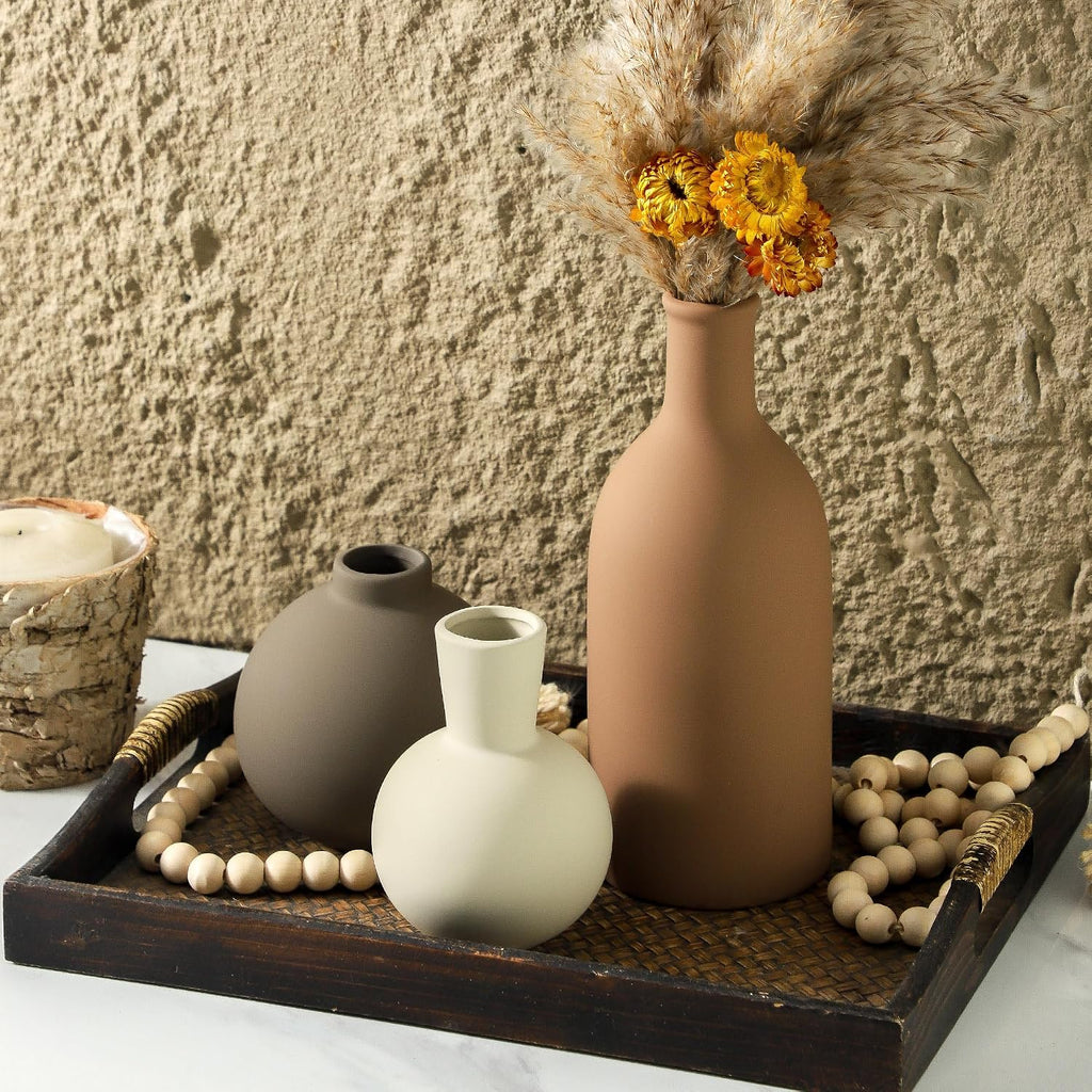 Vase Set of 3 | Ceramic Neutral Vases Home Decor | Rustic Flower Pottery Vases Modern Farmhouse Vase for Table Entryway Mantel Centerpiece Bookshelf Living Room Bathroom Bedroom -Brown Large