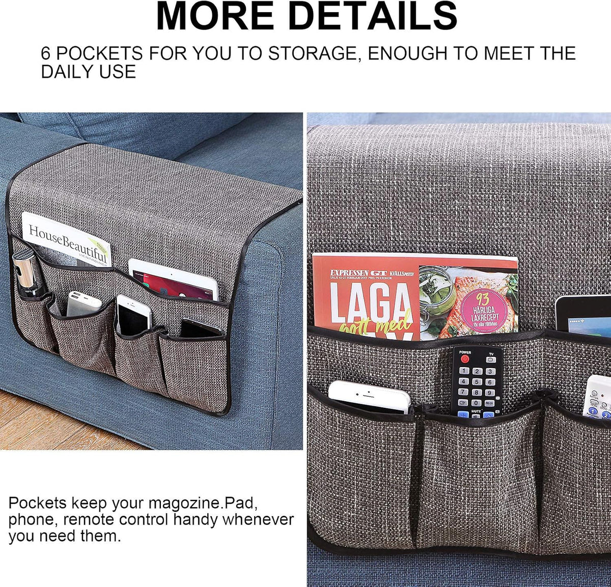 Sofa Armrest Organizer Non-Slip Remote Control Holders for Recliner Couch Chair Armchair Caddy with 5 Pockets for Table,Cell Phone,Ipad,Magazines,Books (Darkgrey, 19 x 35 Inch)