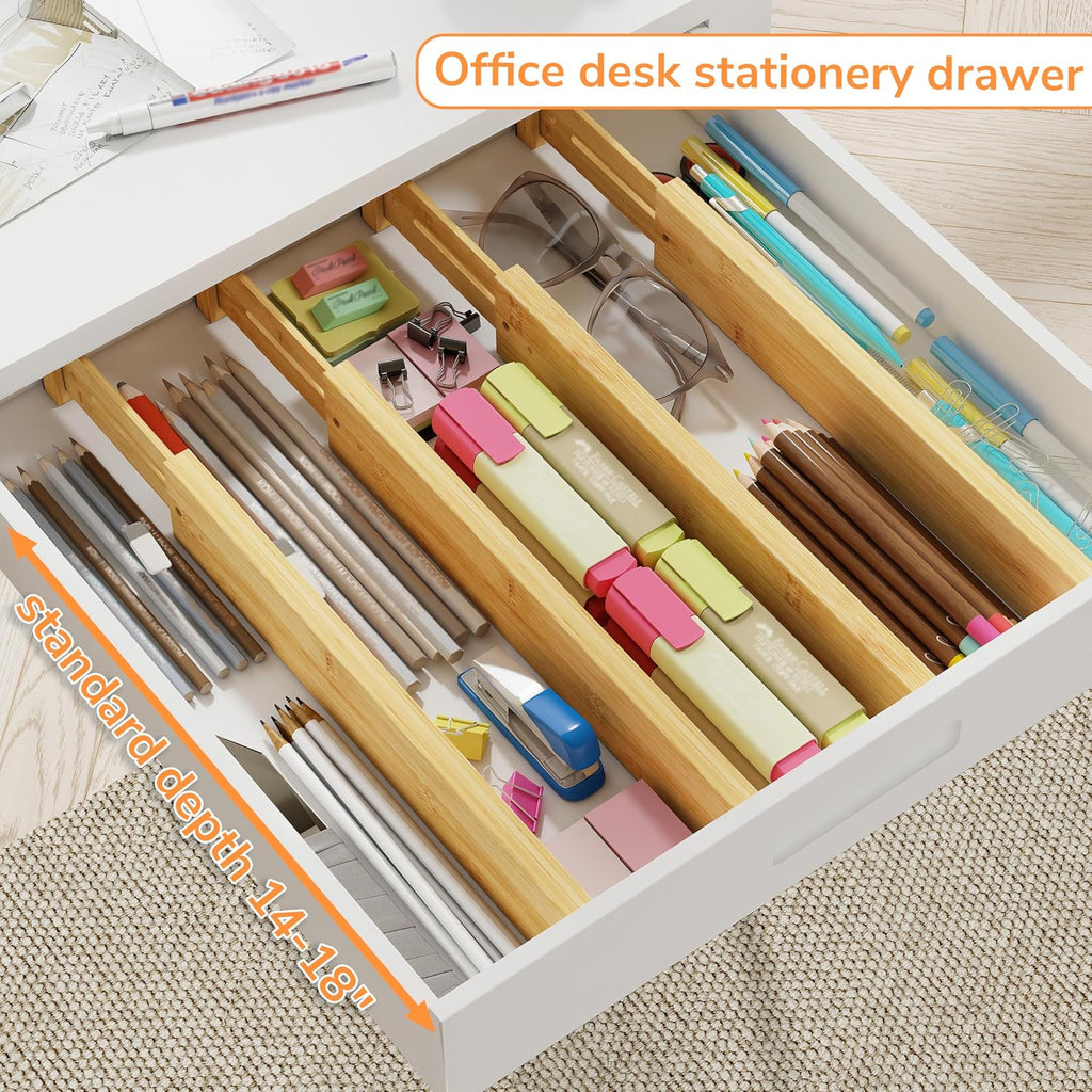 BAMEOS Bamboo Expandable Drawer Dividers – Fits 13.3"–19" Drawers, 2" High, Set of 4 | Spring-Loaded Bamboo Separator for Kitchen Island, Bathroom Vanity & Dresser Drawers