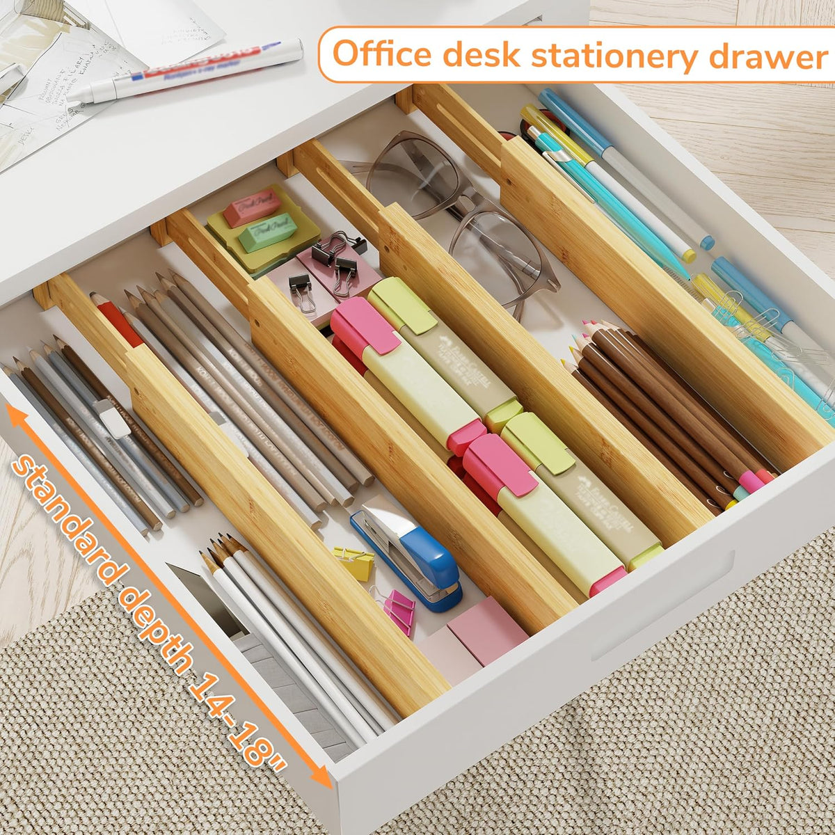 BAMEOS Bamboo Expandable Drawer Dividers – Fits 13.3"–19" Drawers, 2" High, Set of 4 | Spring-Loaded Bamboo Separator for Kitchen Island, Bathroom Vanity & Dresser Drawers