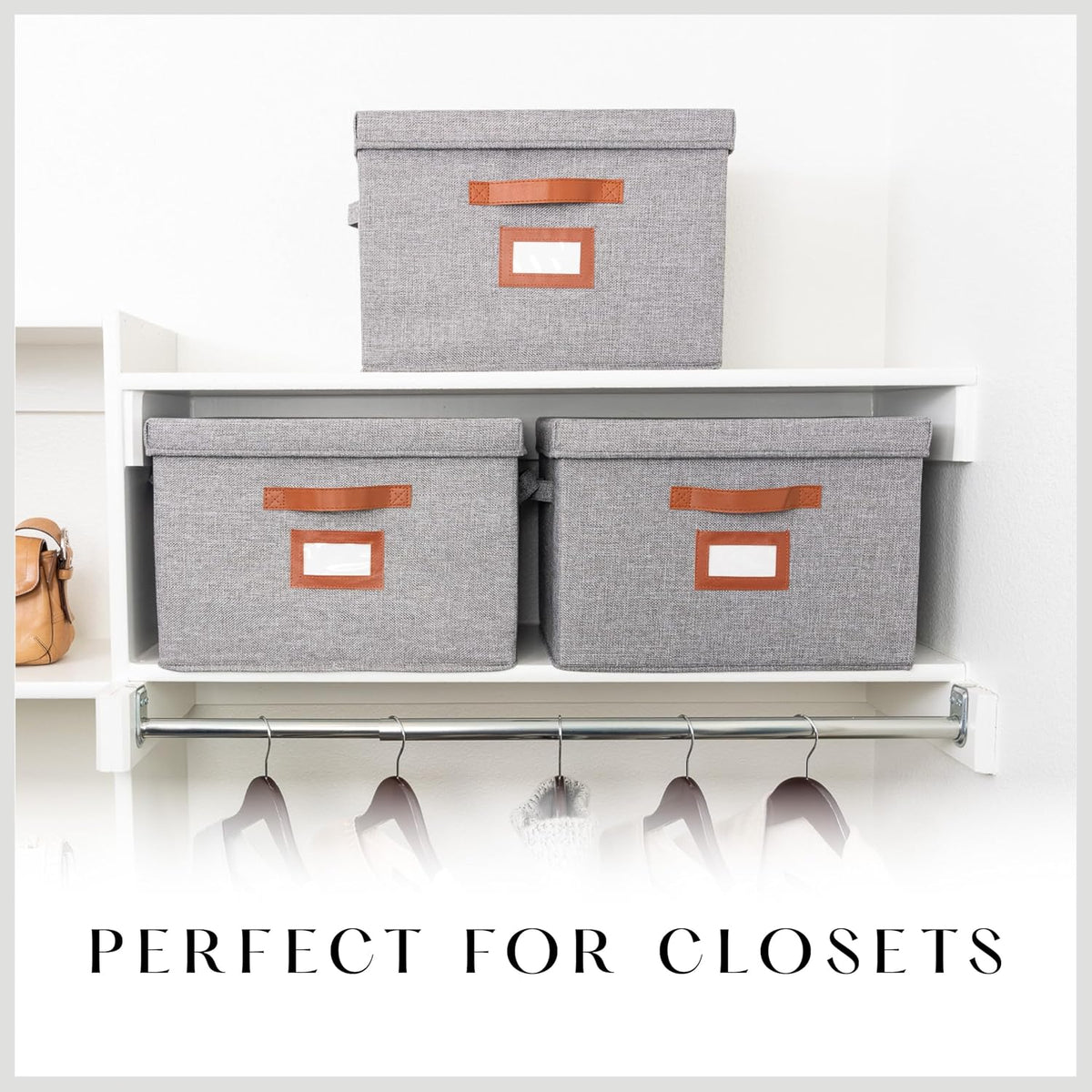 3 Pack Large Fabric Storage Boxes with Lids (15.75" x 11.25" x 11.25") - Decorative Bin with Lid, Label Holder, Faux Leather Handles - Large Storage Boxes for Organizing Clothes, Blankets - Grey