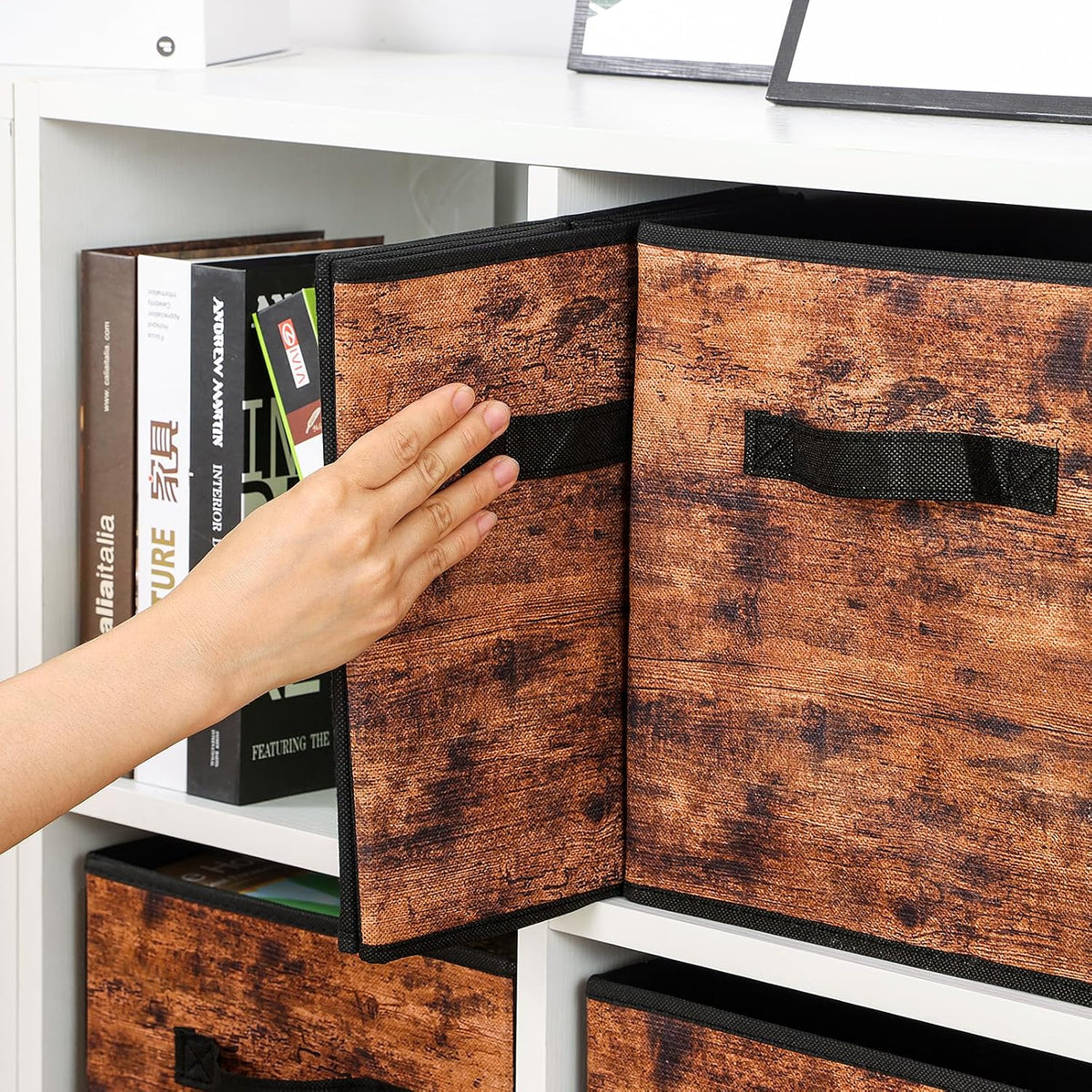 Stero Fabric Storage Cubes, 6 Pack Foldable Storage Bins with Handle, 11 Inch Box for Shelves, Closet, Organizer, Rustic Brown and Black