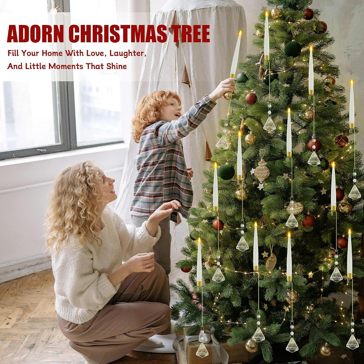 Christmas Tree Candles Battery Operated with Remote, Clip on Candles with Crystal Diamond Ornaments & Hooks for Christmas Tree, Flickering LED Candlesticks for Winter New Year Home Party Decor, 10 Pcs