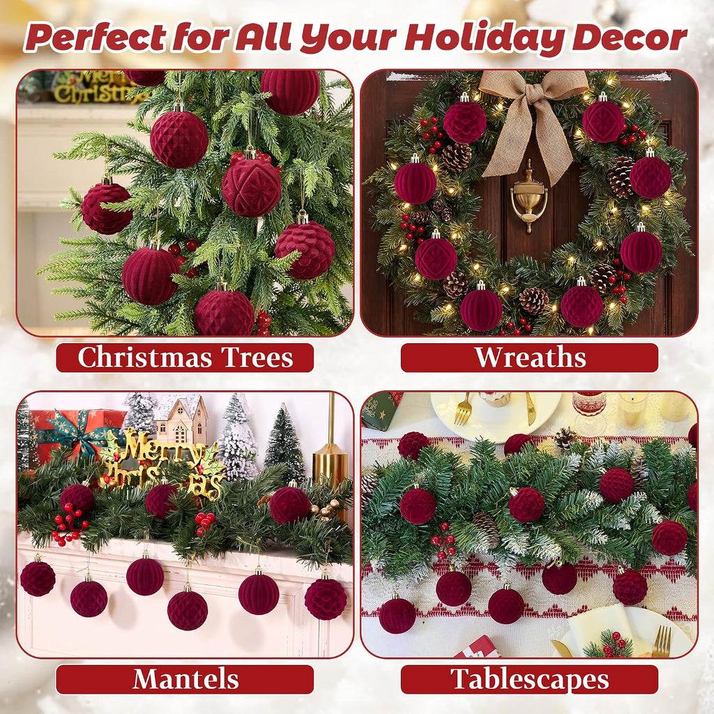 BLEUM CADE 16Pcs Burgundy Velvet Shatterproof Christmas Ball Ornaments