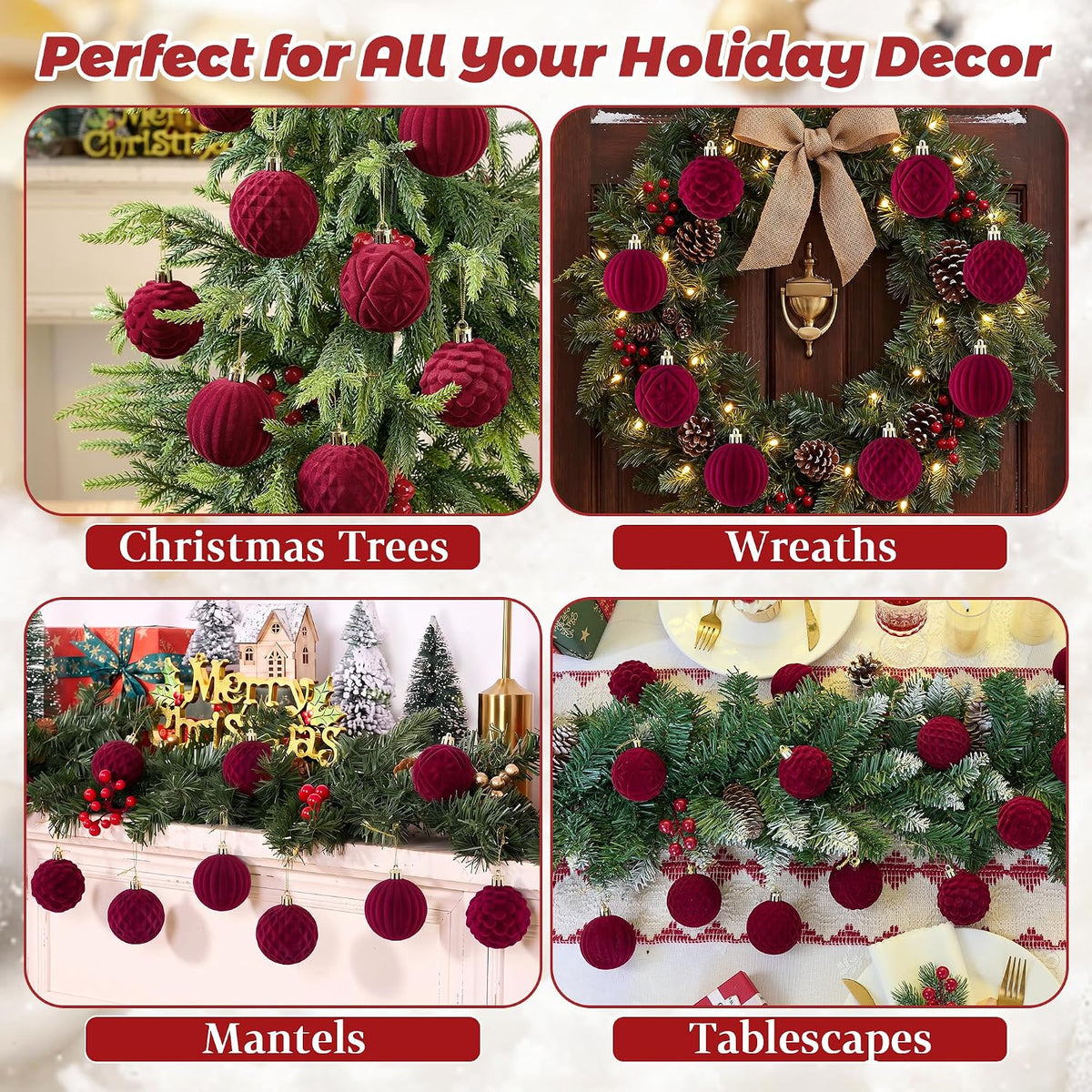 BLEUM CADE 16Pcs Burgundy Velvet Shatterproof Christmas Ball Ornaments