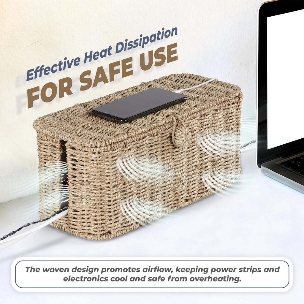 Bluewest 2-Pack Cable Management Box with Lids, Rattan Cord Organizer