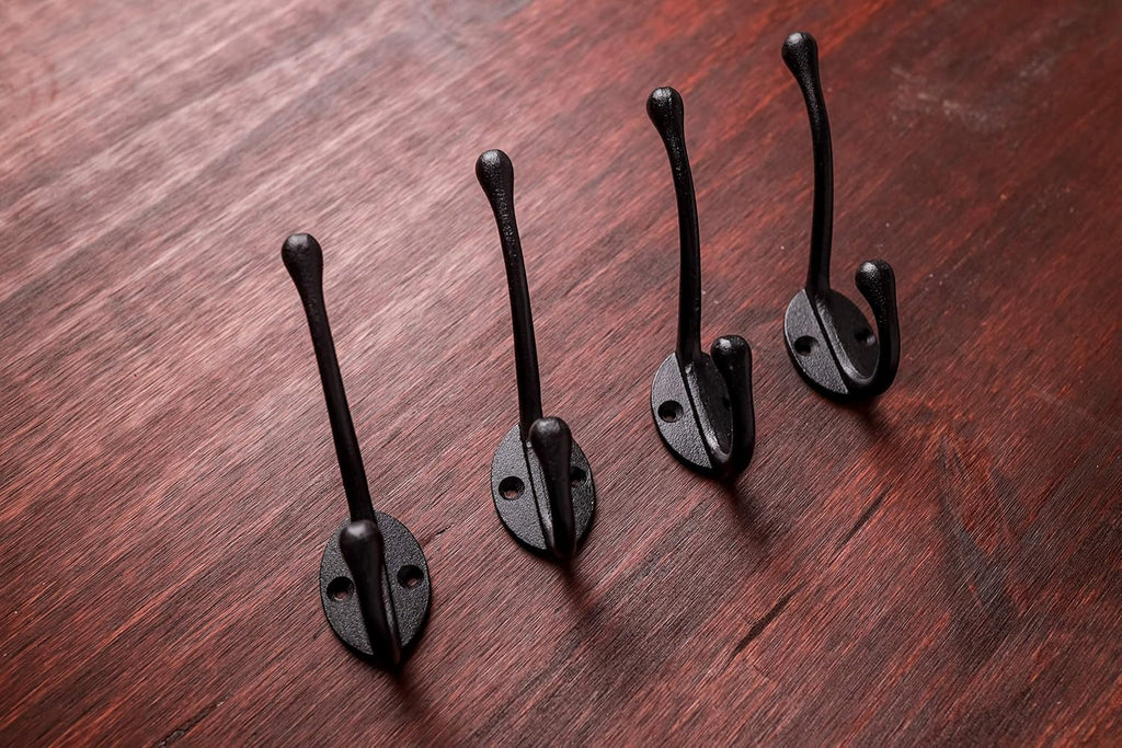 Craftsman Road Vintage Cast Iron Wall Hooks (Black Texture Finish, Set of 4) - Rustic, Farmhouse Coat Hooks | Great for Coats, Bags, Towels, Hats | Classic Slender