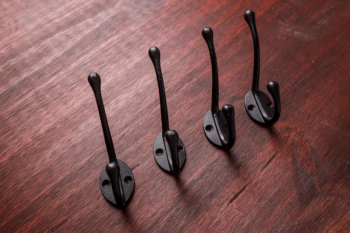 Craftsman Road Vintage Cast Iron Wall Hooks (Black Texture Finish, Set of 4) - Rustic, Farmhouse Coat Hooks | Great for Coats, Bags, Towels, Hats | Classic Slender