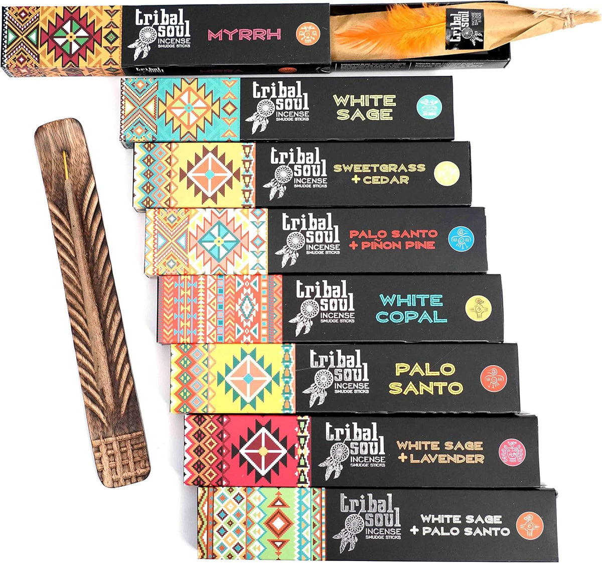 Tribal Soul INTB(8) Incense Smudge Sticks, Assorted Gift Set Includes 8 Fragrances (15g, Each), Exotic Mango Wood Hand Carved Feather Incense Burner Included