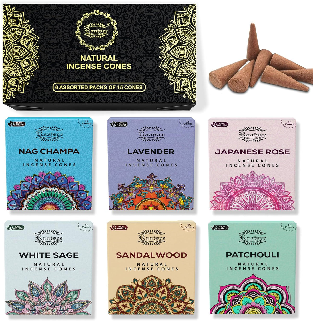Raajsee Natural Incense Cones,6 Pack Mixed Scents Gift Pack 15 pc Each (90 Total), Insense Cones Variety Pack, 100% Organic Non Toxic Natural - Hand Rolled Free from Chemicals (Pack 1)
