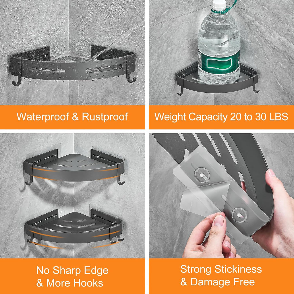 DUFU Adhesive Corner Shower Caddy with Hooks, Grey, 2 Pack