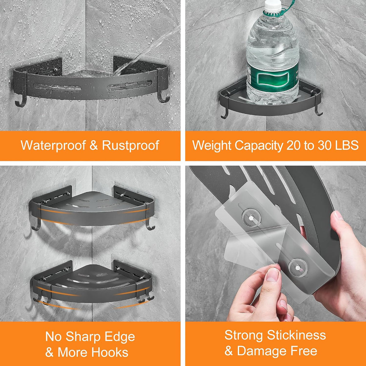 DUFU Adhesive Corner Shower Caddy with Hooks, Grey, 2 Pack