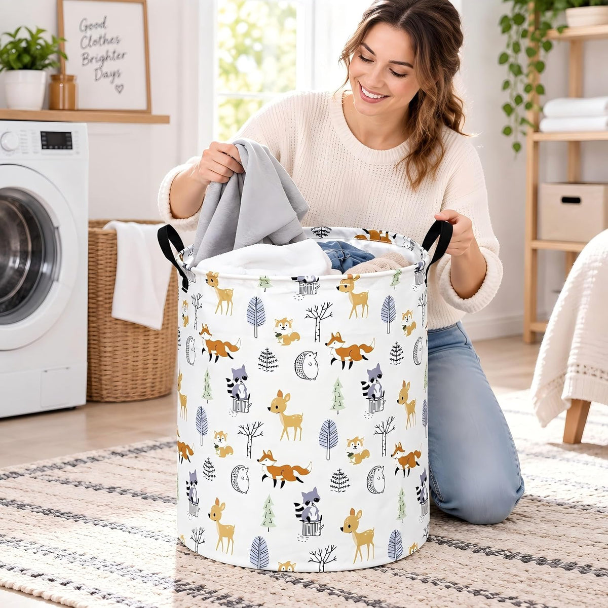 Autumn Animal Storage Basket with Handles, Woodland Animal Storage Basket for Kids' Room, Foldable Laundry Hamper