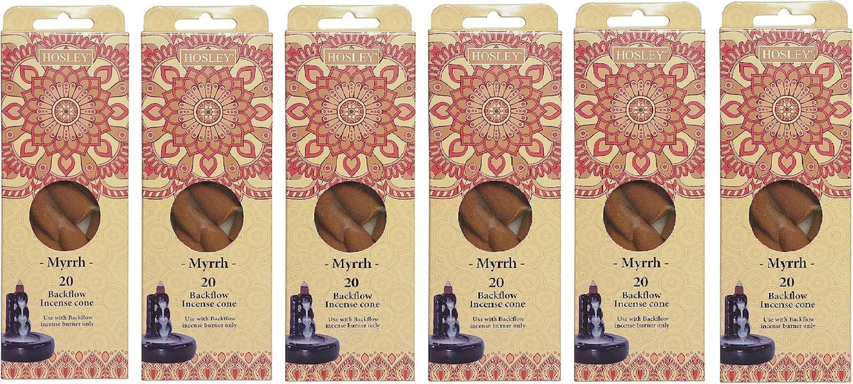 Hosley Myrrh Backflow Brown Incense Cones, Long Lasting Aroma for Positivity & Pure Air, Wood Powder, Aromatherapy for Stress Relief, Air Purifier & Cleansing, Gift Set - Pack of 120 Pcs Cones