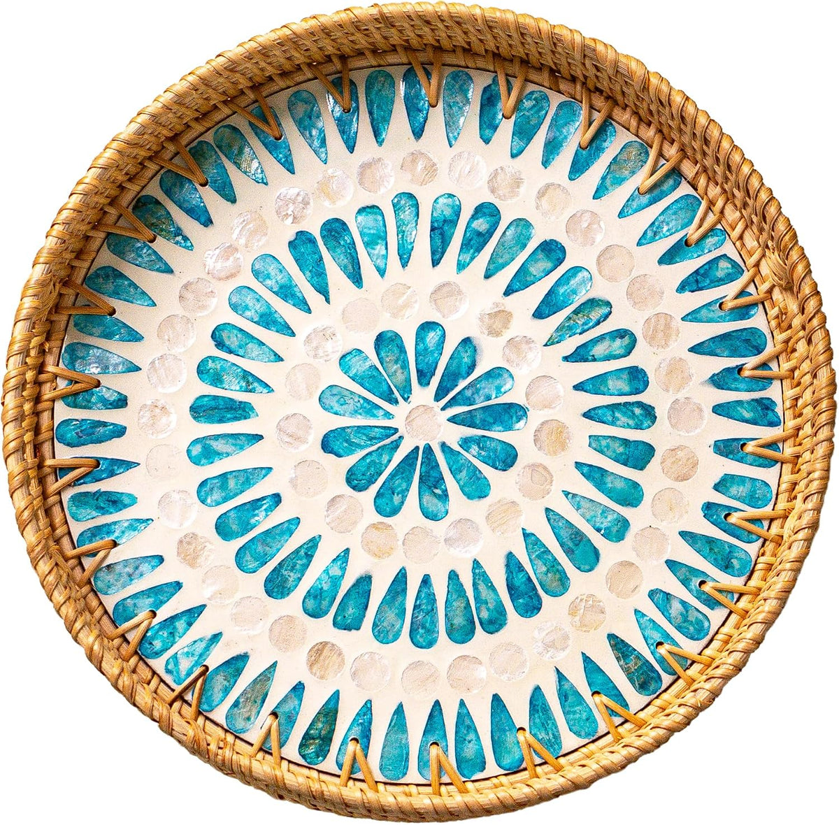 JUNGLE CULTURE Round Rattan Tray with Mother of Pearl Inlay • Ripple 14"