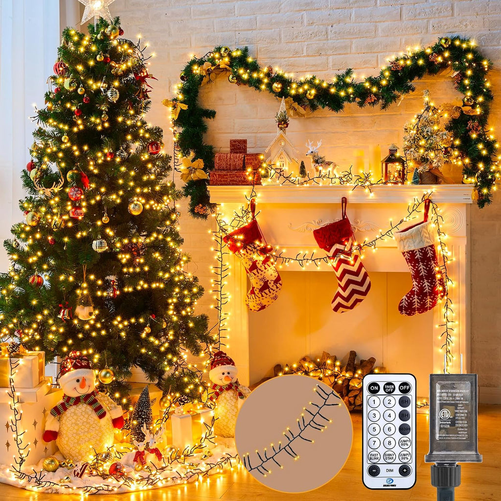 Brightown Christmas Tree Cluster Lights - 2000 LED 100 Ft Firecrackers String, 12 Modes Timer Remote Waterproof Plug-in Twinkle Fairy for Outdoor Xmas Tree Garland Party