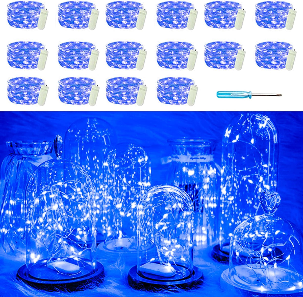 SunKite 16 Packs 20 LED Blue Fairy String Lights Battery Operated Waterproof 6.6 Feet Silver Copper Wire Firefly Starry Moon Lights for DIY Bottle Costume Wedding Party Bedroom Table Decor