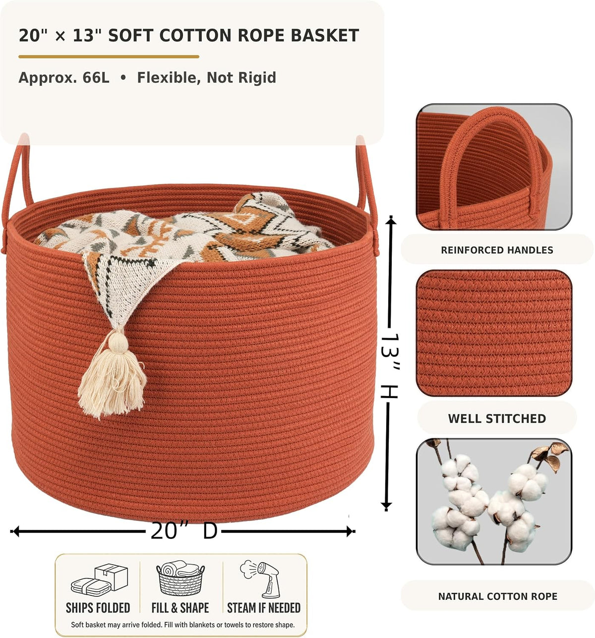 XUANGUO 66L Large Blanket Basket, Round Cotton Rope Basket, Rustic