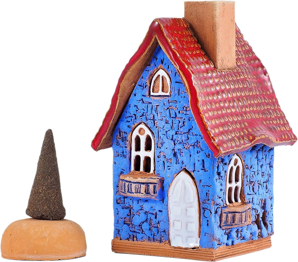 Ceramic Houses and Villages Collection - Handmade House Miniature Cone Incense Holder Burner Handcrafted Blue House Hand Painted R503