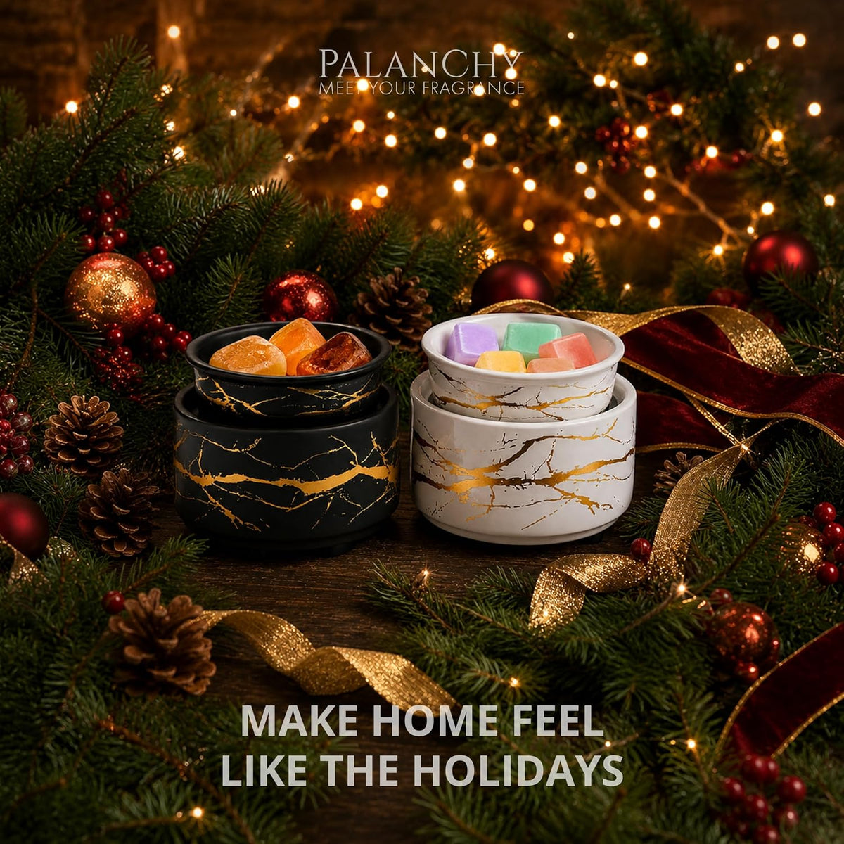 PALANCHY Wax Warmer Set of 2 Black & White Glazed Ceramic with Gold Accents
