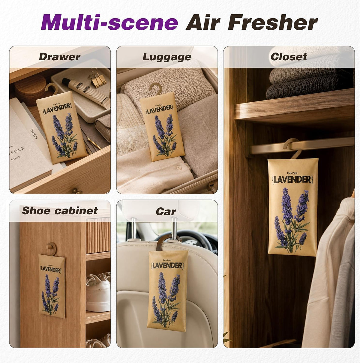 12 Pack Lavender Scented Sachets for Closet and Drawer, Hanging Air Freshener Deodorizer for Stagnant Air, Long Lasting Odor Eliminator for Clothes, Wardrobe, Car and Home Storage