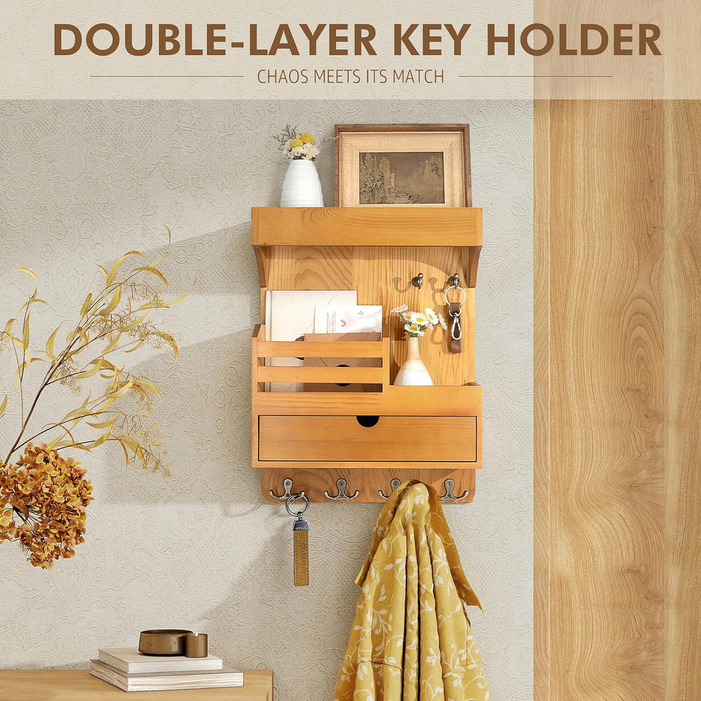 Rebee Vision Key Holder Wall Mount with Drawer for Home Decor, Light Brown