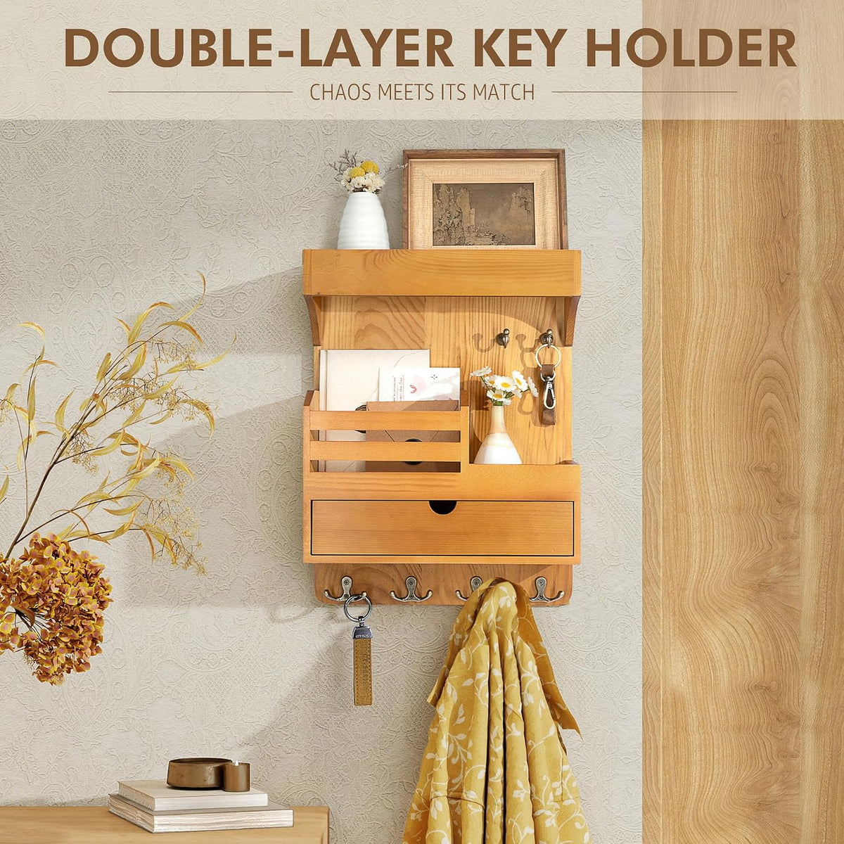 Rebee Vision Key Holder Wall Mount with Drawer for Home Decor, Light Brown