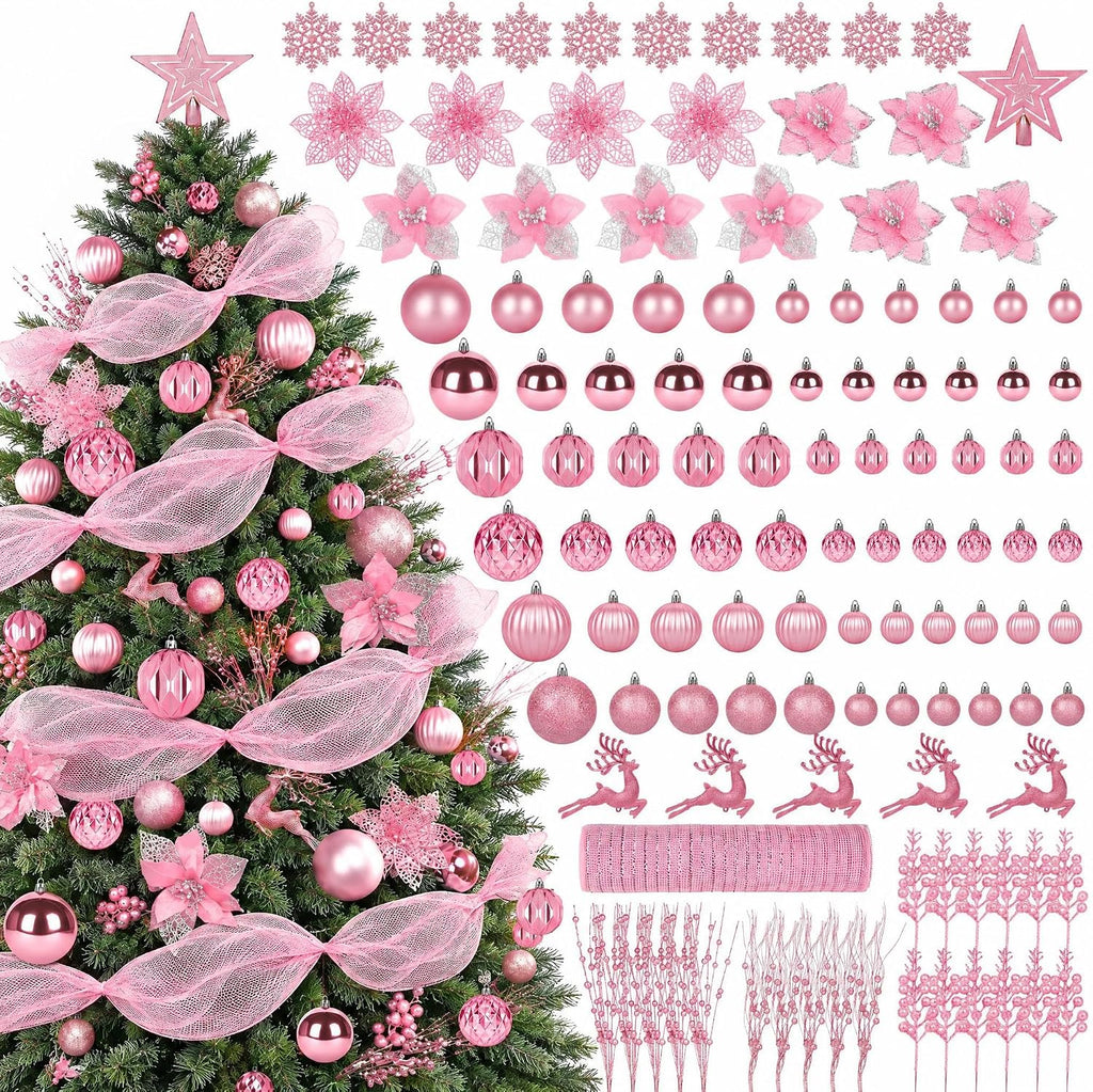 Ouddy Decor 105 Pcs Pink Christmas Tree Ball Ornaments Decorations Set