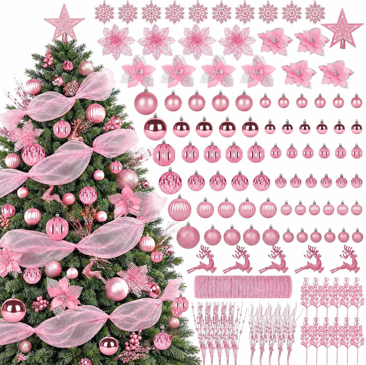 Ouddy Decor 105 Pcs Pink Christmas Tree Ball Ornaments Decorations Set