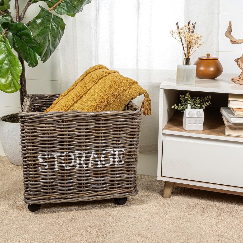 happimess Yael Coastal Hand-Woven Rattan Basket with Wheels, Kubu Gray