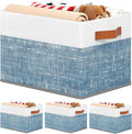 Fab totes Collapsible Storage Baskets for Shelves,14"x10", 4 Pack Foldable Fabric Storage Bins with Double Leather Handles, Large Baskets for Organizing Books, Clothes, White & Blue