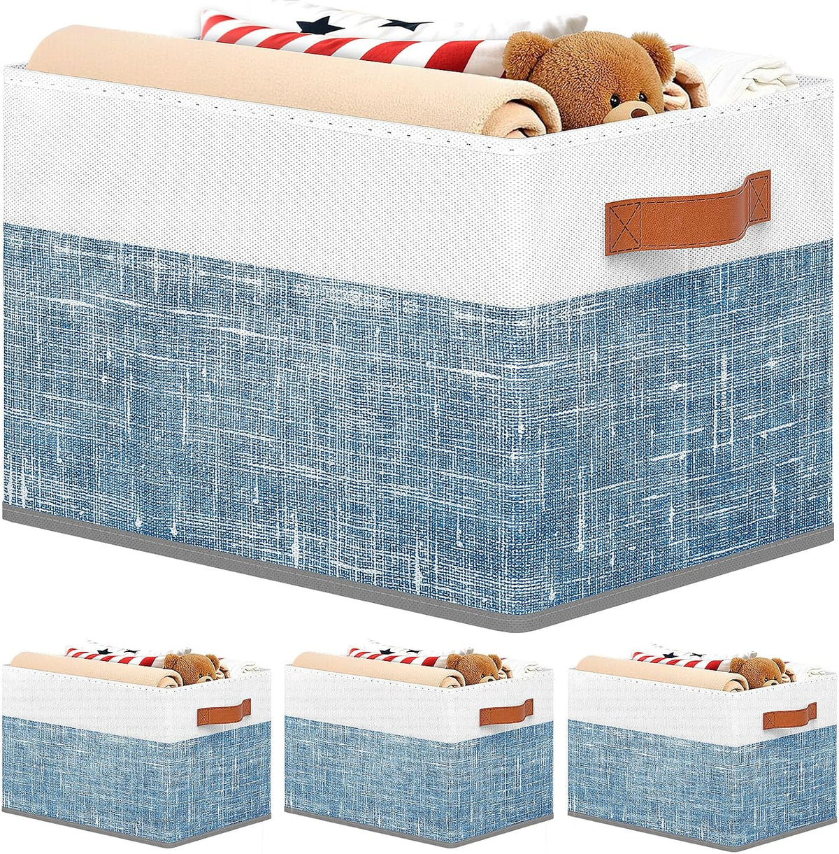 Fab totes Collapsible Storage Baskets for Shelves,14"x10", 4 Pack Foldable Fabric Storage Bins with Double Leather Handles, Large Baskets for Organizing Books, Clothes, White & Blue