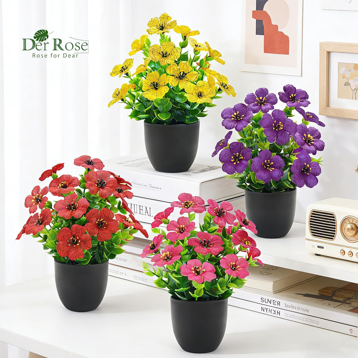 Der Rose 4 Pack Fake Plants with Fragrance Discs for Black Office Decor