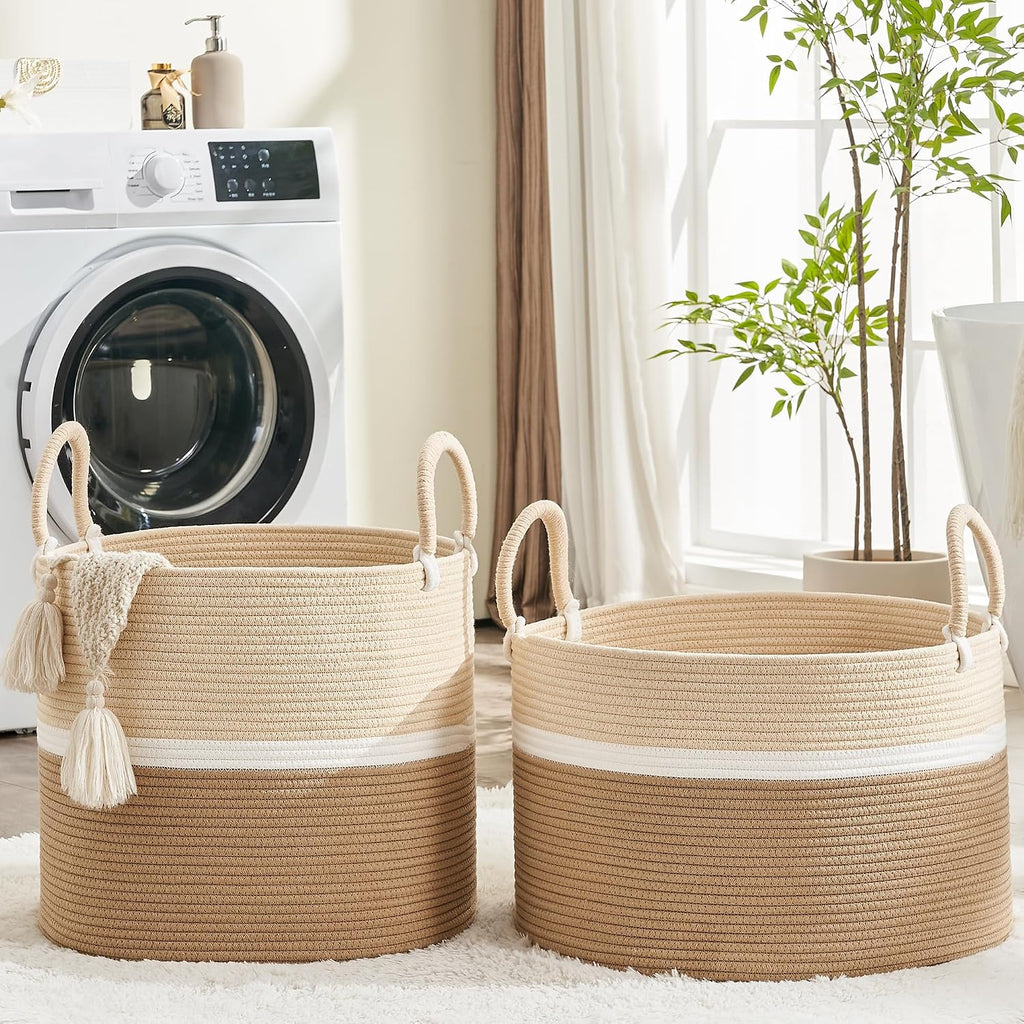 KAKAMAY Large Blanket Basket (18"x18"x16"),Woven Baby Laundry Hamper for Storage, Cotton Rope Blankets Baskets for Nursery, Laundry, Living Room, Pillows, Baby Toy chest with Handles (Light Brown)