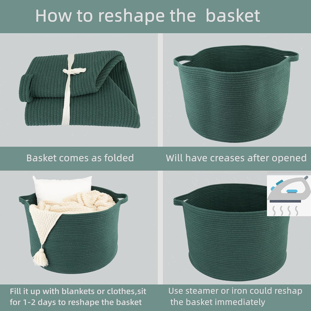 XUANGUO Extra Large Cotton Rope Round Storage Basket 22" x 14" Dark Green