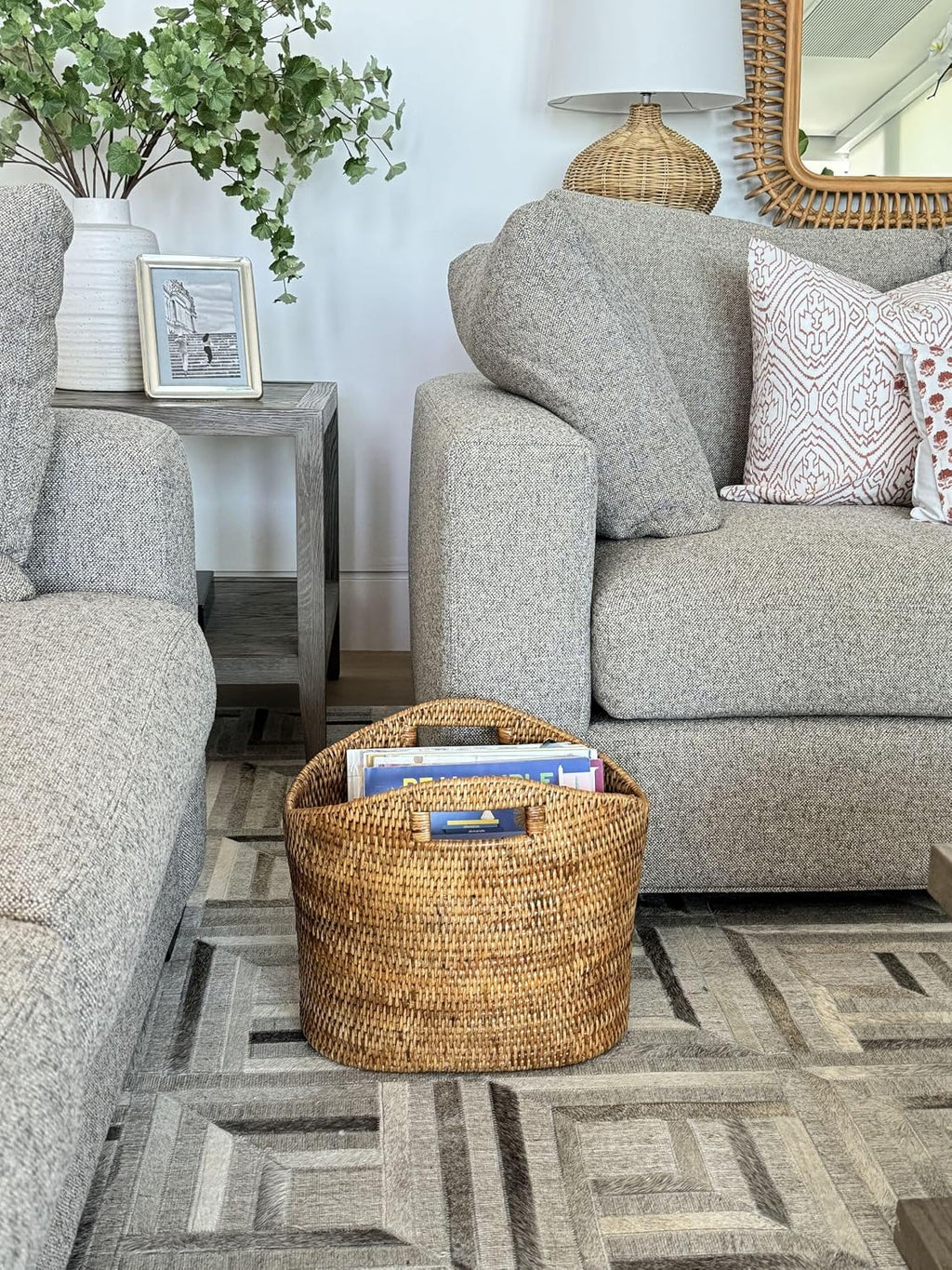 KOUBOO La Jolla Oval Rattan Magazine Rack, Woven Organizer, Honey Brown