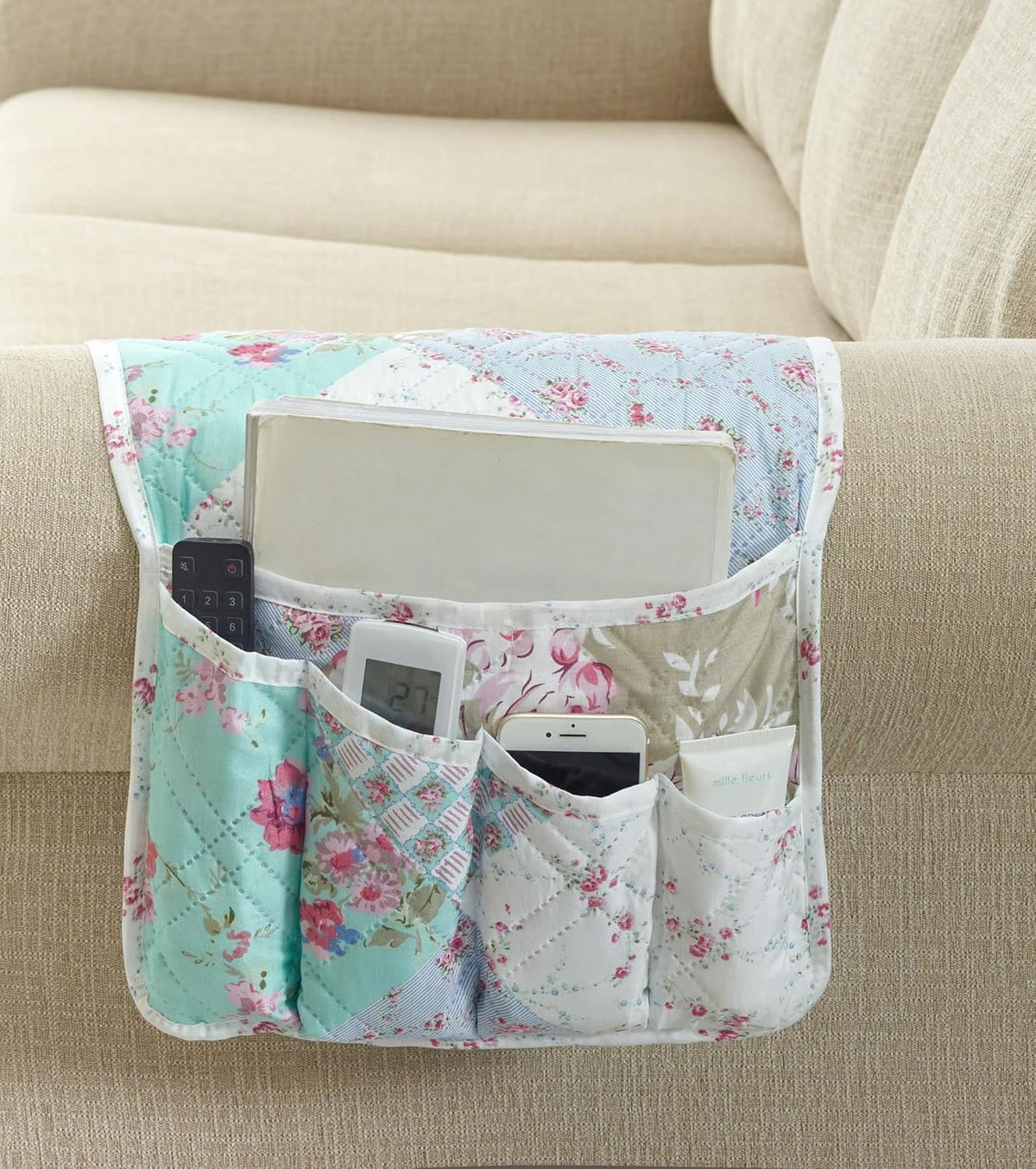 Brilliant Sunshine Blue & Green Roses Couch Armrest Organizer, 35"×13"