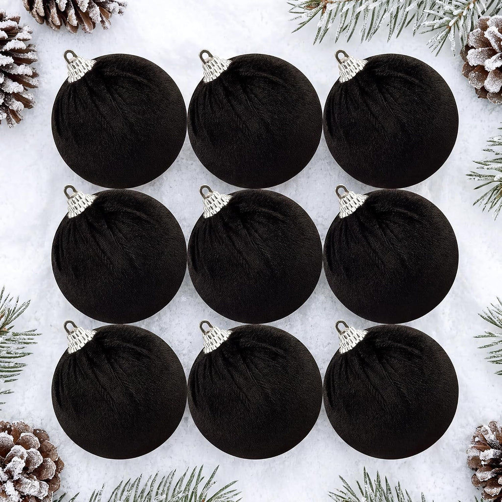 Woration 9 Pcs Black Velvet Christmas Balls 2.36" Xmas Tree Hanging Ball