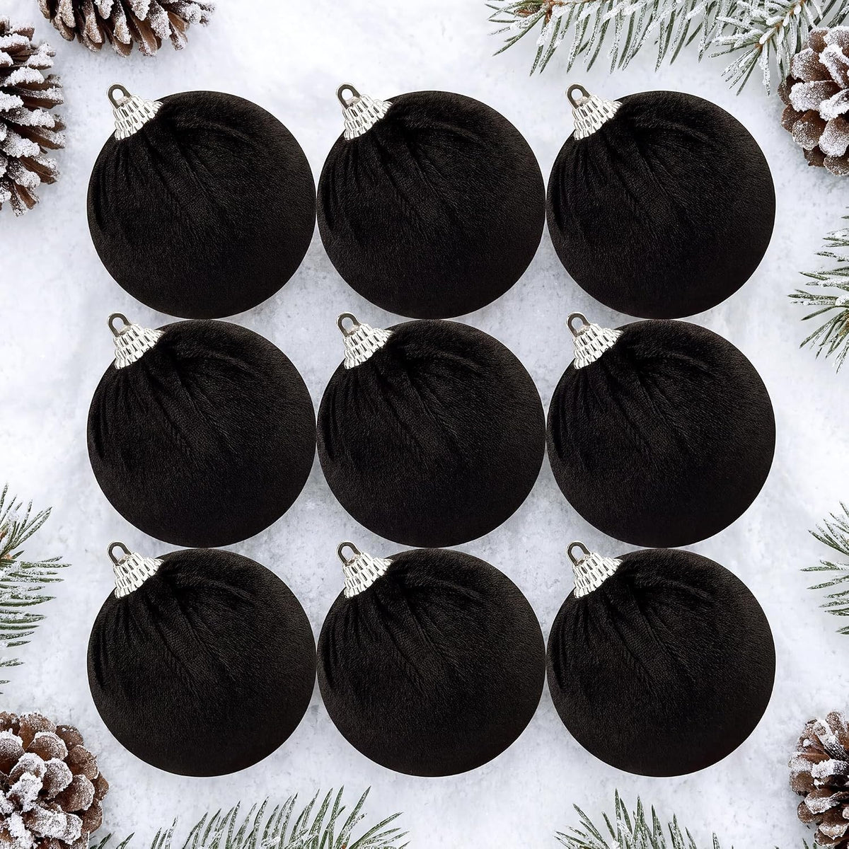 Woration 9 Pcs Black Velvet Christmas Balls 2.36" Xmas Tree Hanging Ball