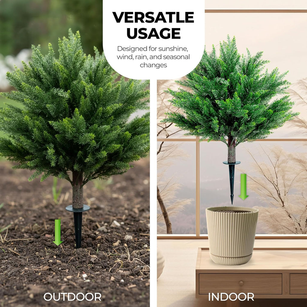 24.8" Artificial Cedar Topiary Tree 2ft (Set of 2) – Faux Cedar Trees for Outdoor Planters with Ground Spike, UV Resistant, Full & Realistic Evergreen Shrubs for Front Porch, Garden, Patio Decor