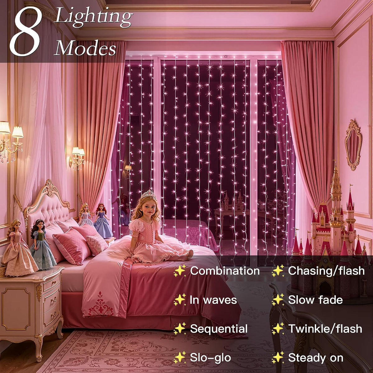 300 LED Pink Curtain String Lights 9.8x9.8FT, Plug in Fairy Lights, 9 Hooks, Dimmable Timer 8 Modes, IP44 Waterproof, Princess Girls Bedroom Wall Wedding Party Birthday Indoor Decor