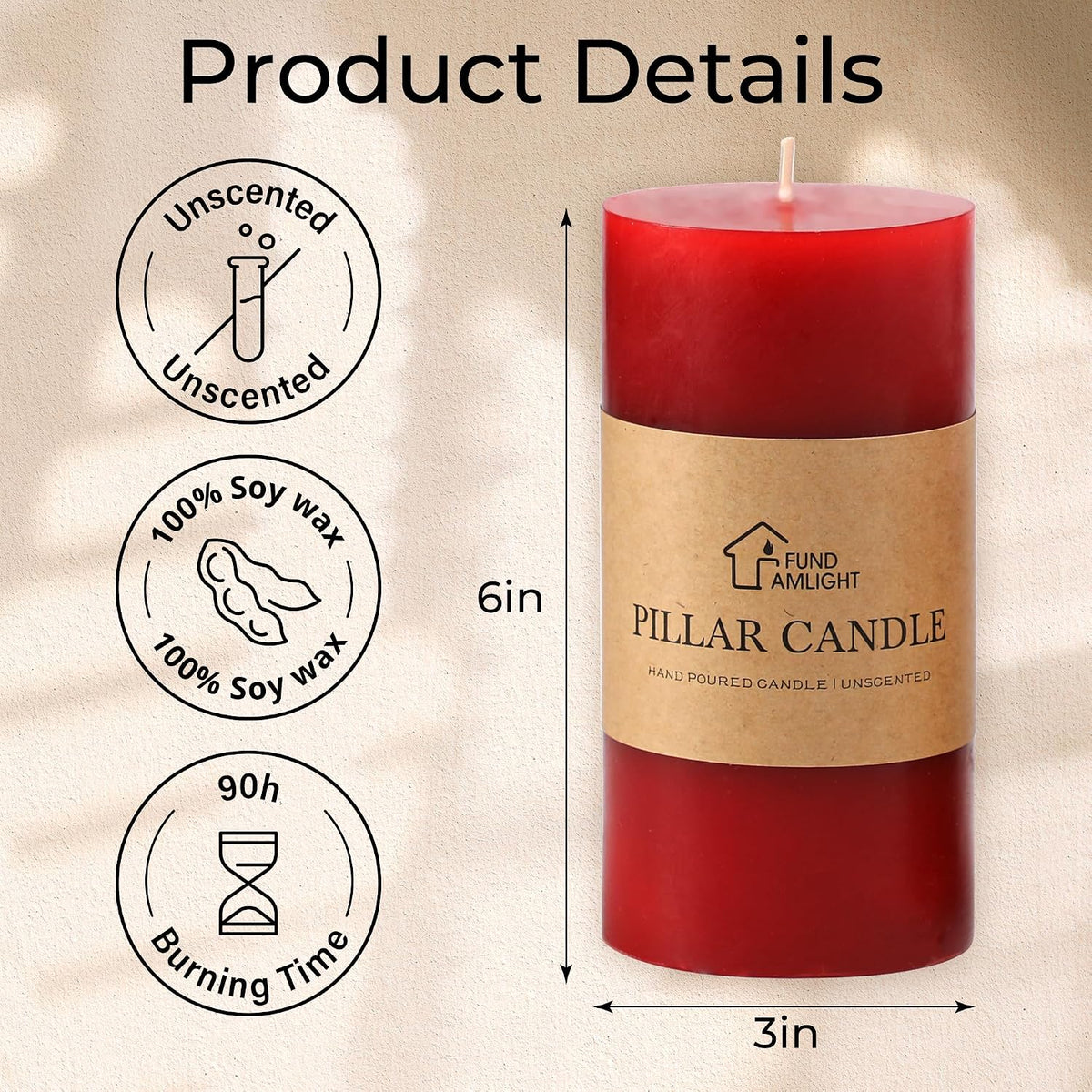 3x6 Inch Red Pillar Candles Set of 3 - Decorative Unscented Pillar Candle
