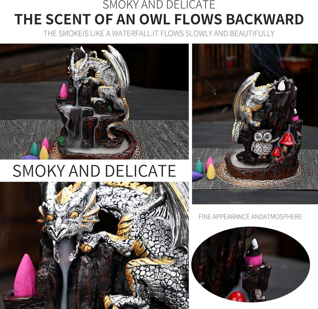 Dragon Backflow 2 Sided Mountain Waterfall Incense Burner,Fountain Smoke Incense Holder with Backflow Incense Cones, Tweezers, Mat，Resin Aromatherapy Meditationvaiuk (Silver)