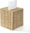 AELS Farmhouse Tissue Box Cover Square, Hand Woven Strawpaper Facial Tissue Paper Holder, Cute Tissue Box Holder Square, Boho Bathroom Decor Box for Tissues Cube Box w/Elastic Bottom, Beige